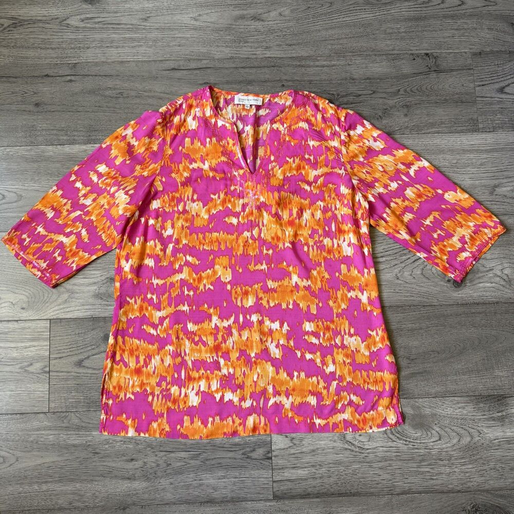 Jones New York Sport Vibrant Ikat Sequin V-Neck Tunic Blouse - Size Large